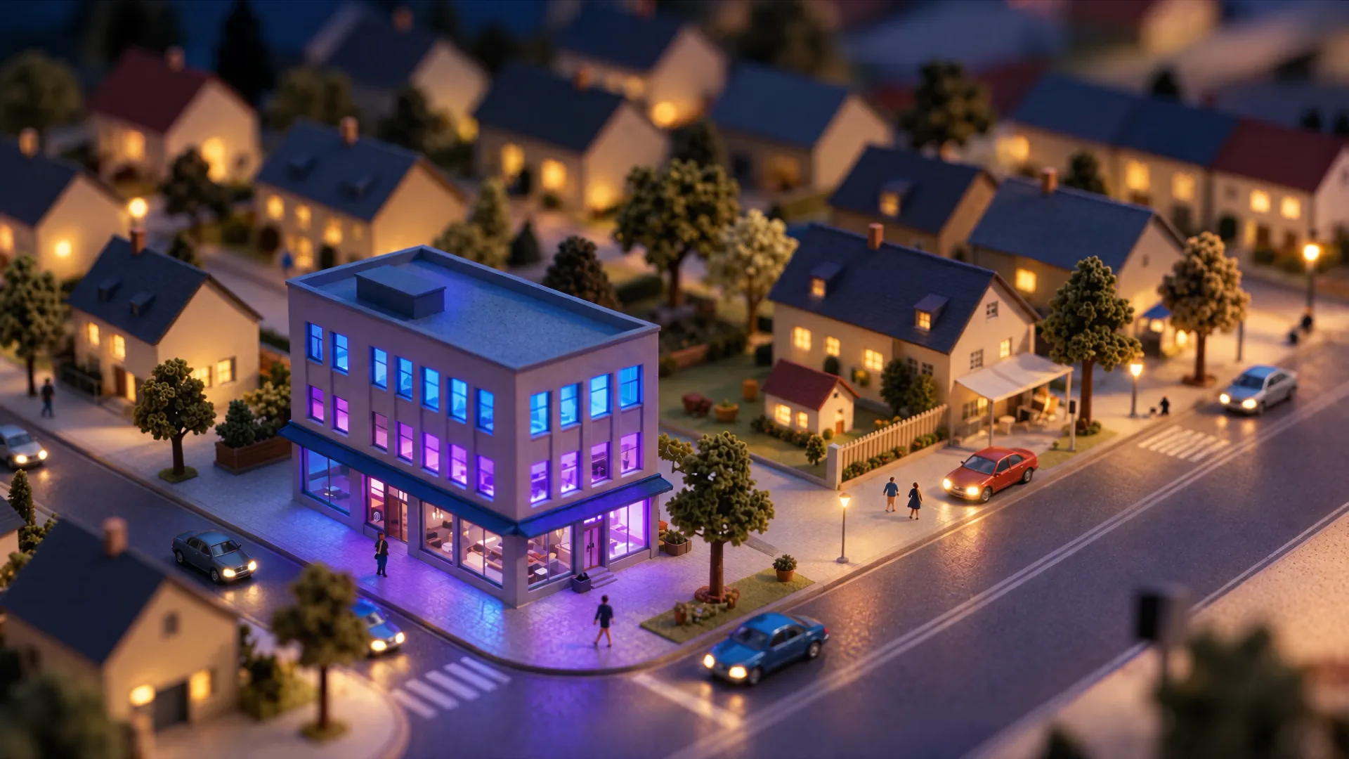Eine Miniaturstadt bei Nacht, in der Mitte leuchtet das Büro des Maklers in Blau und Violett.